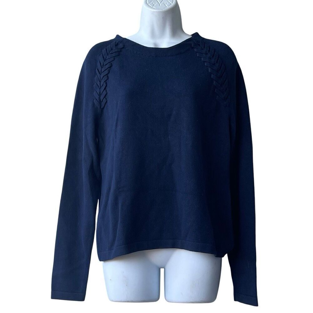J MCLAUGHLIN Jaxson Knit Sweater M Navy Blue Woven Details Long Sleeve Pullover